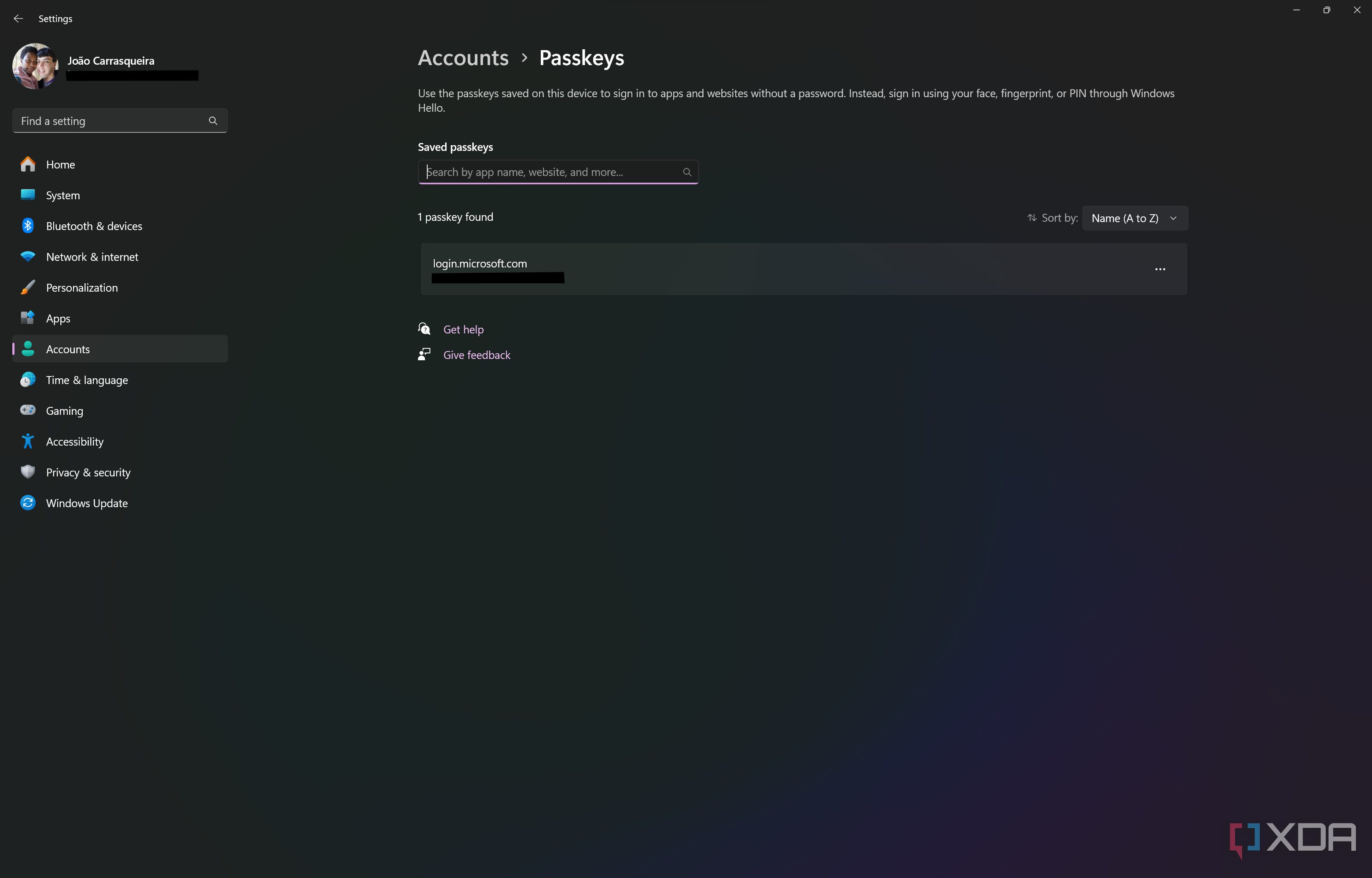 Screenshot of the Passkeys page in Windows 11 Settings