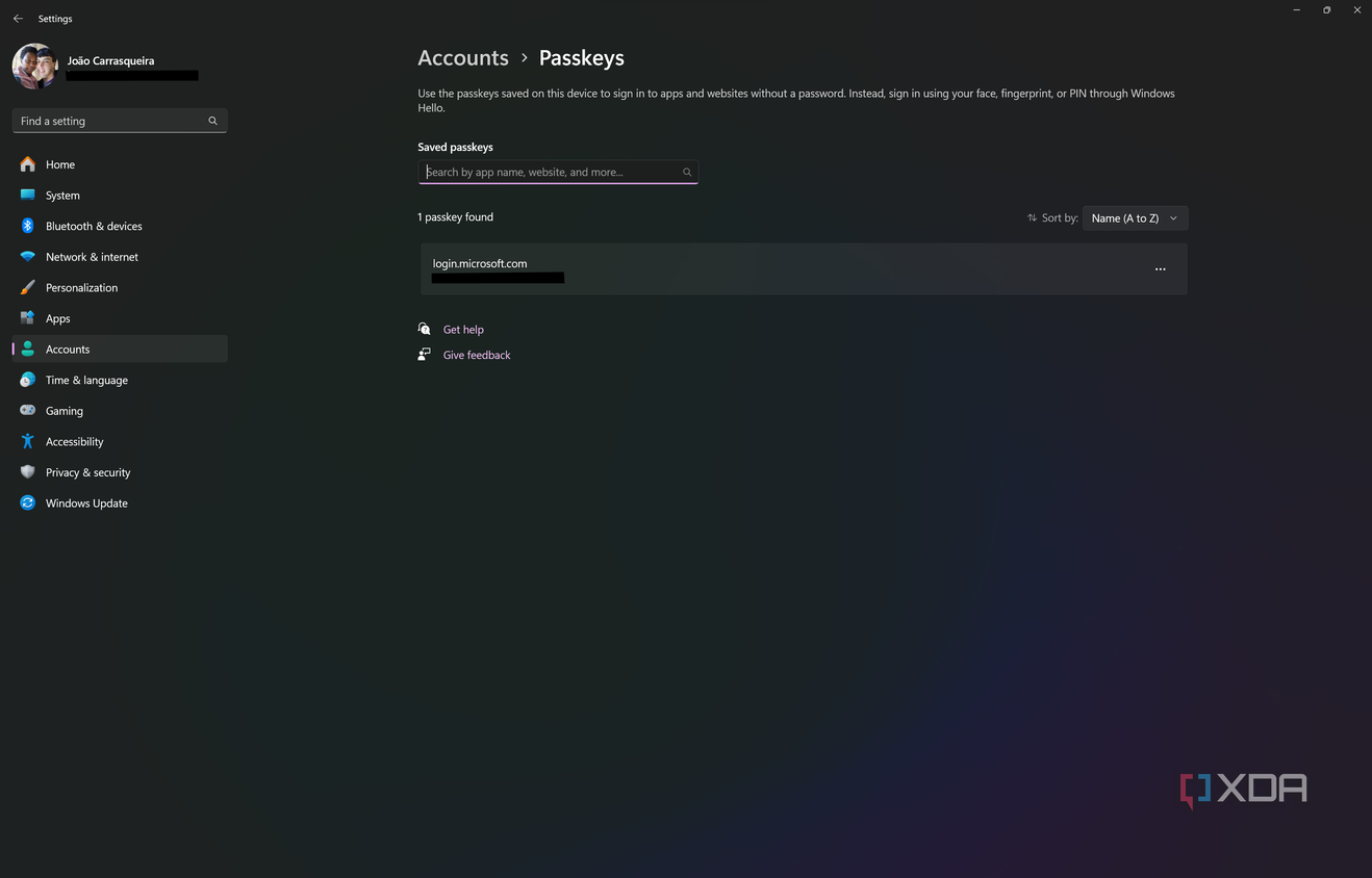 Screenshot of the Passkeys page in Windows 11 Settings