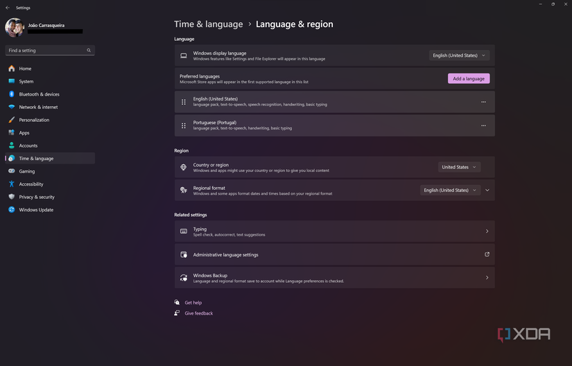 Screenshot of the Language and region page in Windows 11 Settings