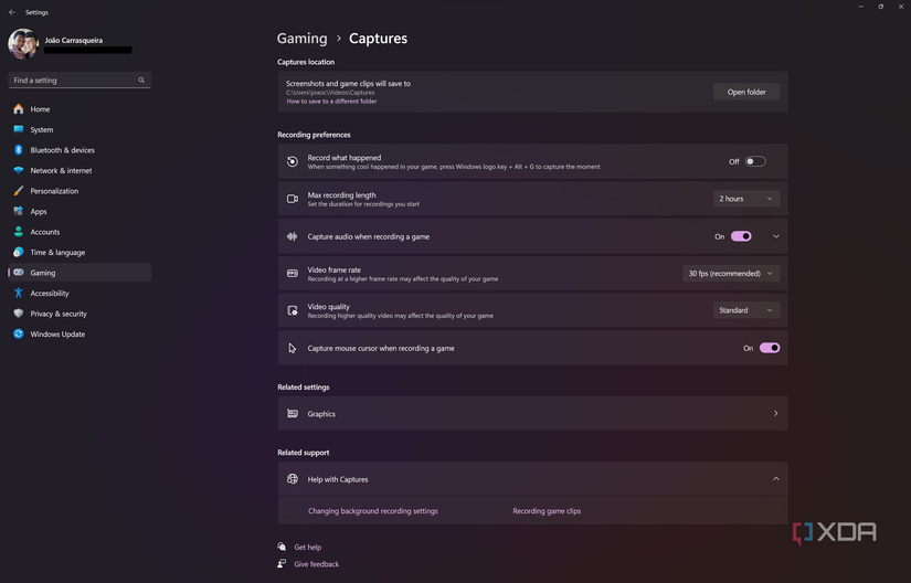 Screenshot of the Captures page in Windows 11 Settings