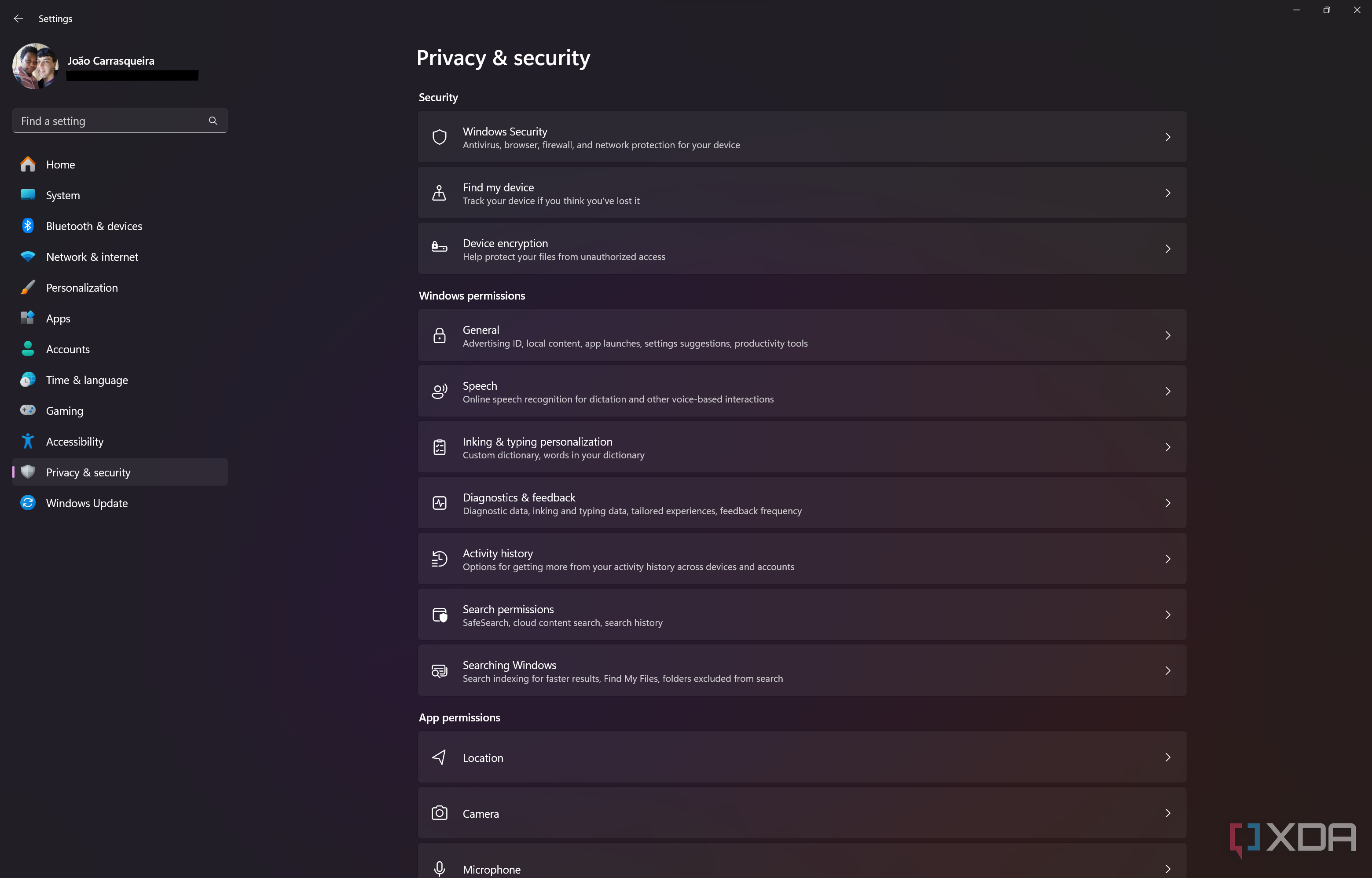 Screenshot of the Security and privacy page in Windows 11 Settings
