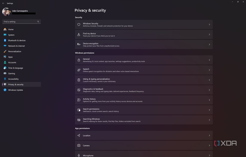 Screenshot of the Security and privacy page in Windows 11 Settings