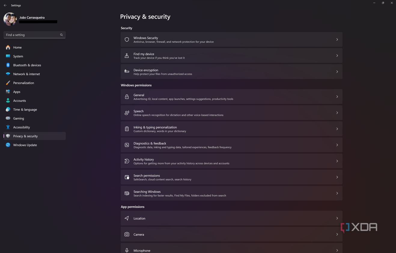 Screenshot of the Security and privacy page in Windows 11 Settings
