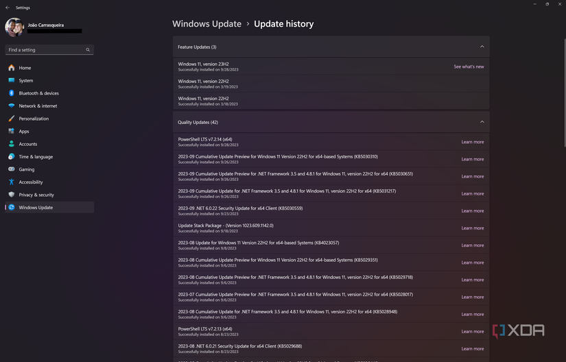 Screenshot of the Update history page in Windows 11 Settings