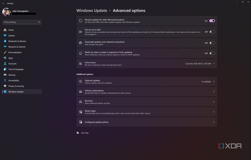 Screenshot of the Advanced options page for Windows Update in Windows 11 Settings