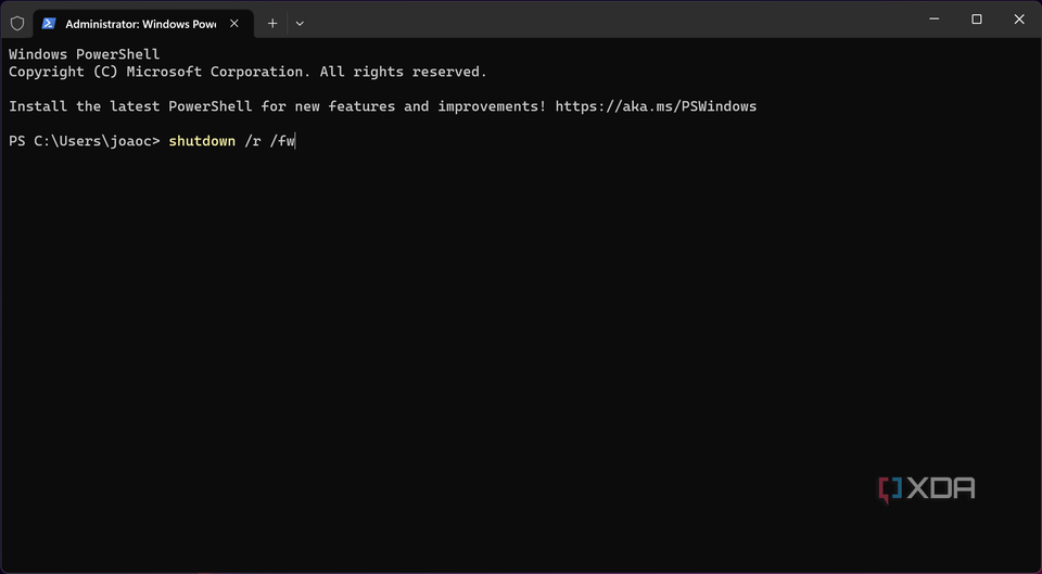 Screenshot of Windows Terminal with a shutdown command entered