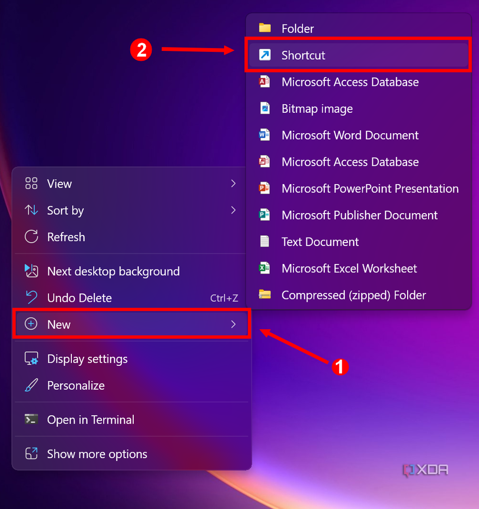 Screenshot of a Windows 11 desktop context menu with the option to create a new shortcut highlighted