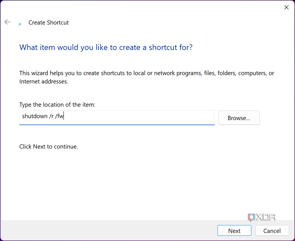 Screenshot of the shortcut creation dialog in Windows 11 with a shutdown command in the location field