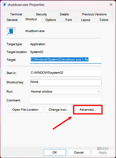 Screenshot of the properties window for a shutdown command with the Advanced button highlighted