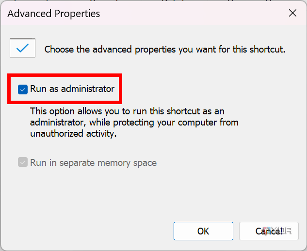 Screenshot of the Advanced properties window with the Run as administrator option enabled and highlighted