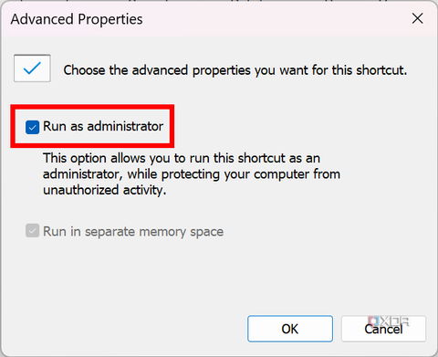 Screenshot of the Advanced properties window with the Run as administrator option enabled and highlighted