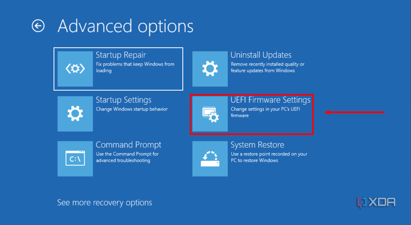 Screenshot of Advanced options in Windows Recovery Environment with UEFI Firmware Settings highlighted