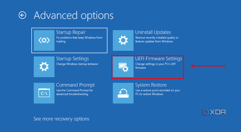Screenshot of Advanced options in Windows Recovery Environment with UEFI Firmware Settings highlighted