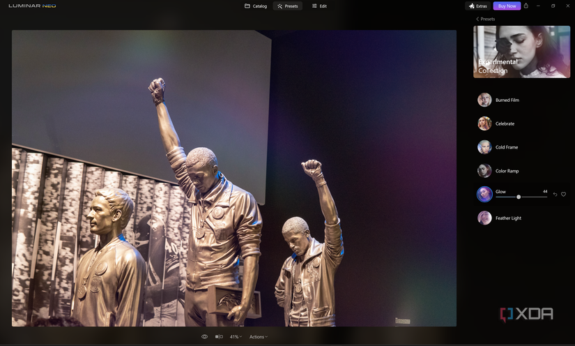 Screenshot of Luminar Neo photo editor with a preset filter applied to a photo