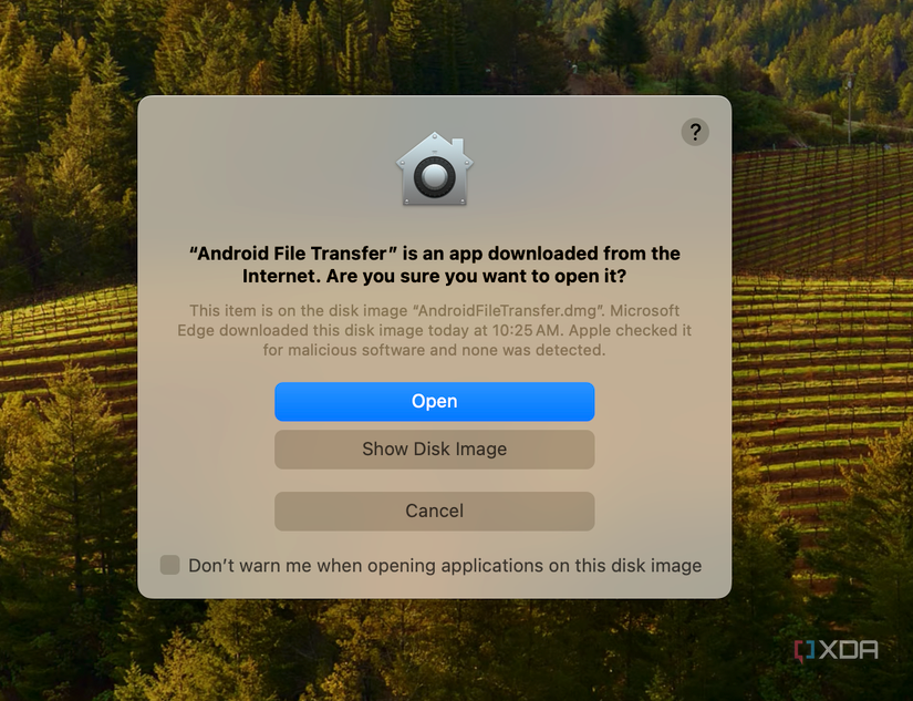 A security warning about opening Android File Transfer on macOS