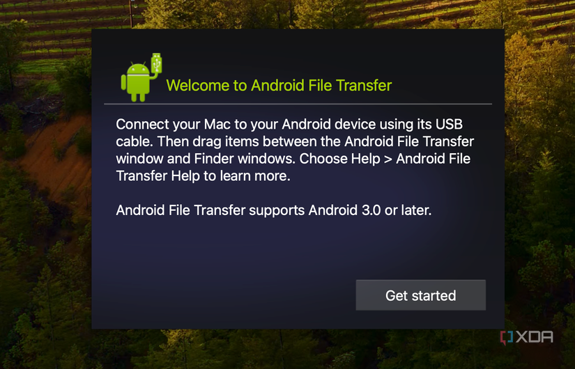 The get started with Android File Transfer message on macOS