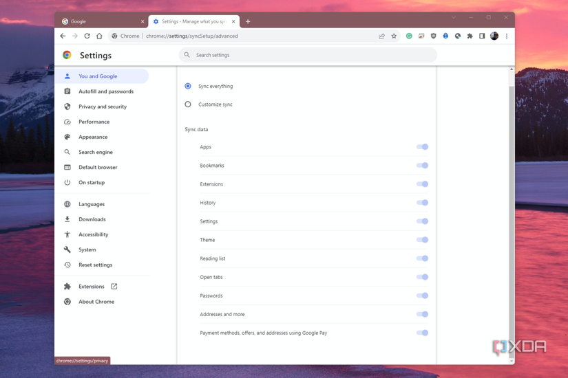 Customizing the sync settings in Google Chrome