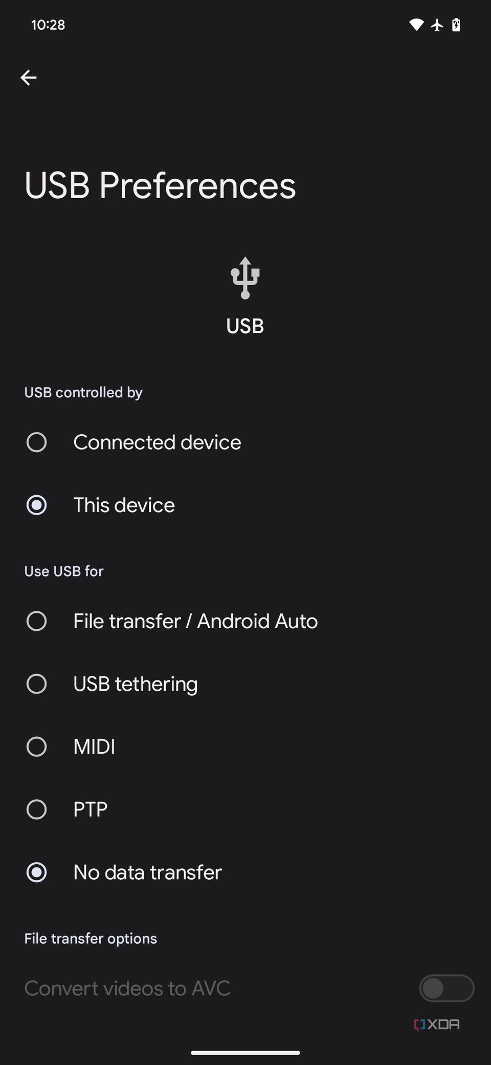 USB preferences in Android 14