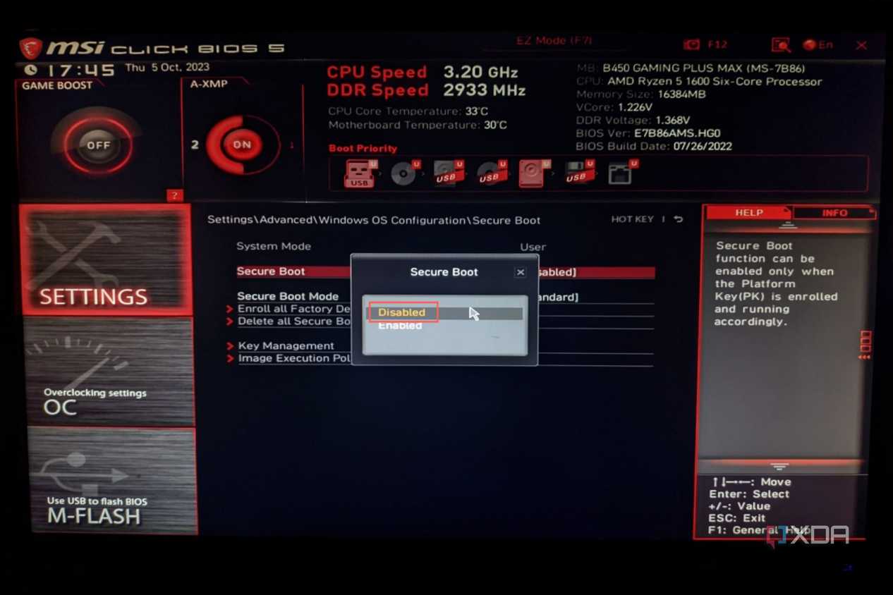 A screenshot depicting the Secure Boot option in BIOS