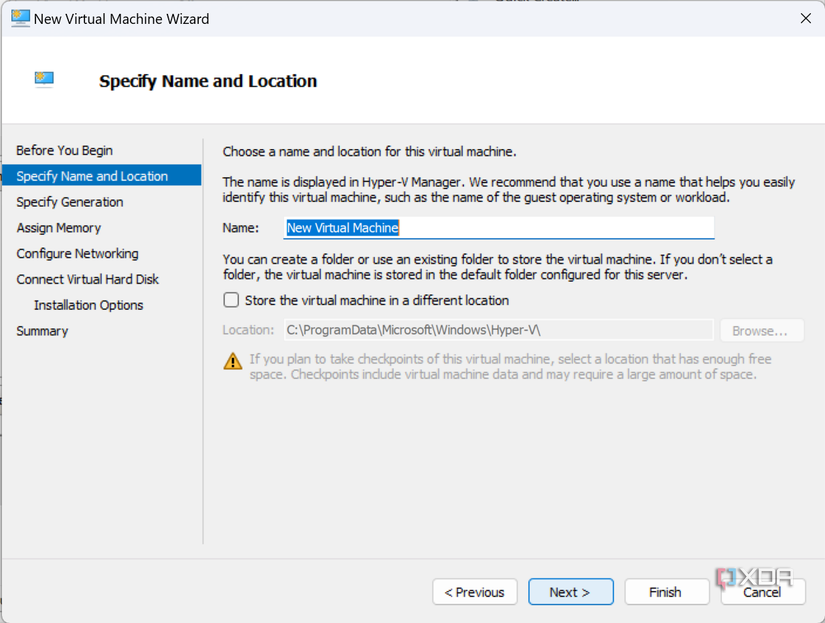 Screenshot of the new virtual machine wizard asking the user to choose a name and location for the virtual machine to be created