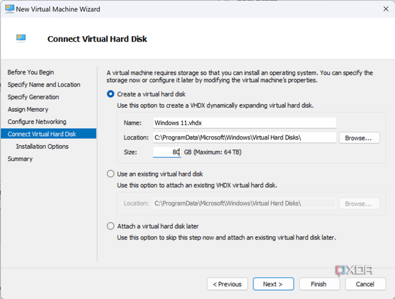 Screenshot of the new virtual machine wizard prompting the user to create a virtual hard drive.