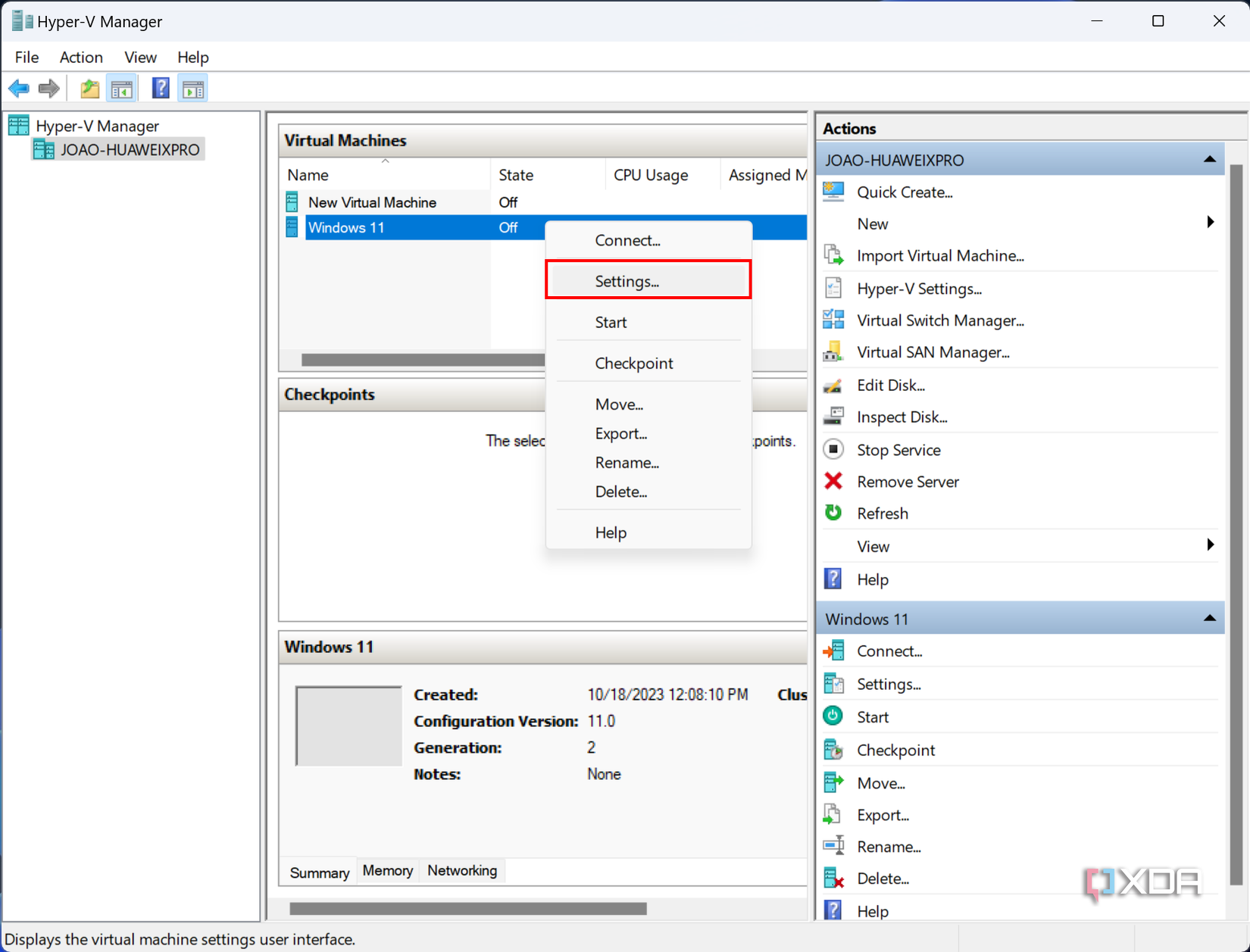 Screenshot of Hyper-V Manager with a context menu shown when right-clicking a virtual machine. The settings button is highlighted.