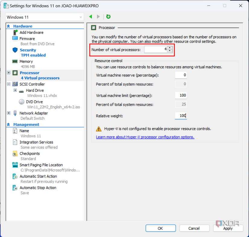 Screenshot of Hyper-V VM settings showing that there are four virtual cores assigned to the VM