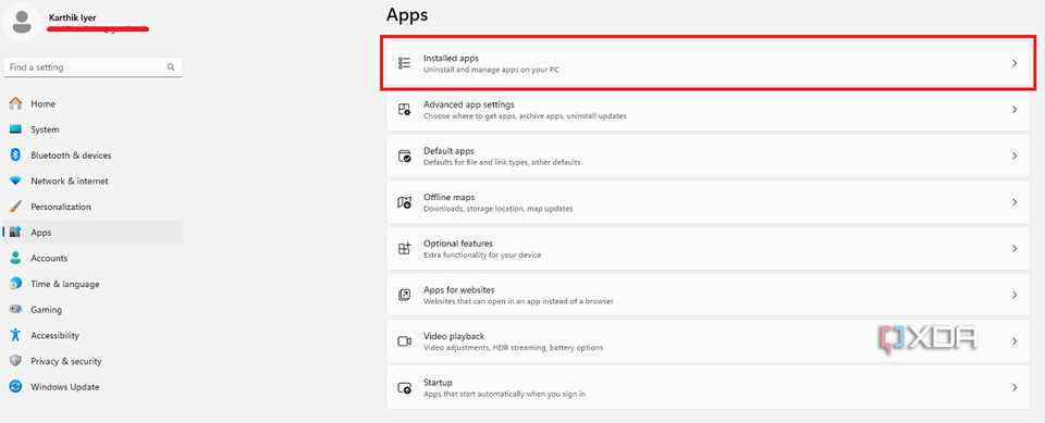 A screenshot showing Settings in Windows 11 with highlighted apps option.