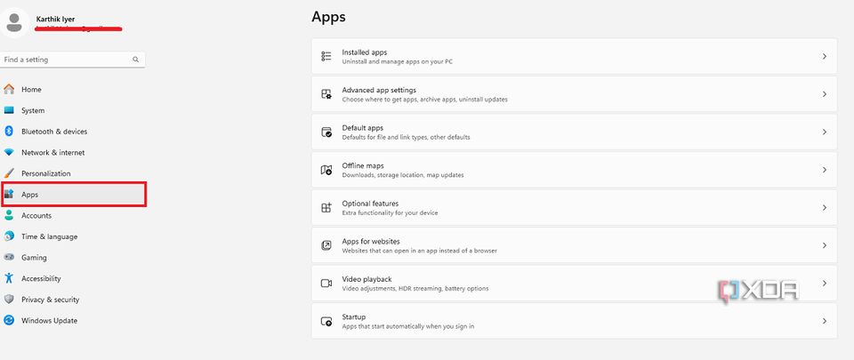 A screenshot showing the Settings page in Windows 11 with highlighted apps option.