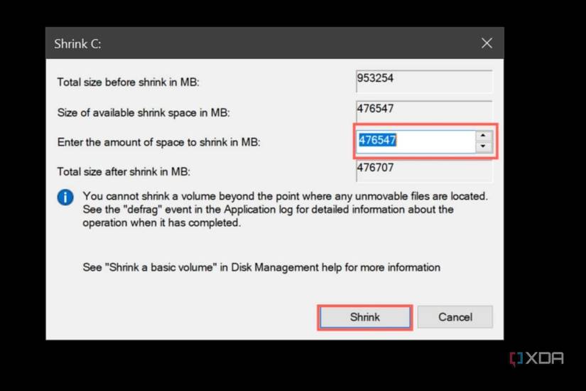 Click on the Shrink button after entering the amount of volume you want to shrink
