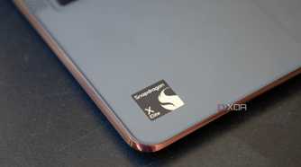 The Snapdragon X Elite badge on the palmrest of a laptop.
