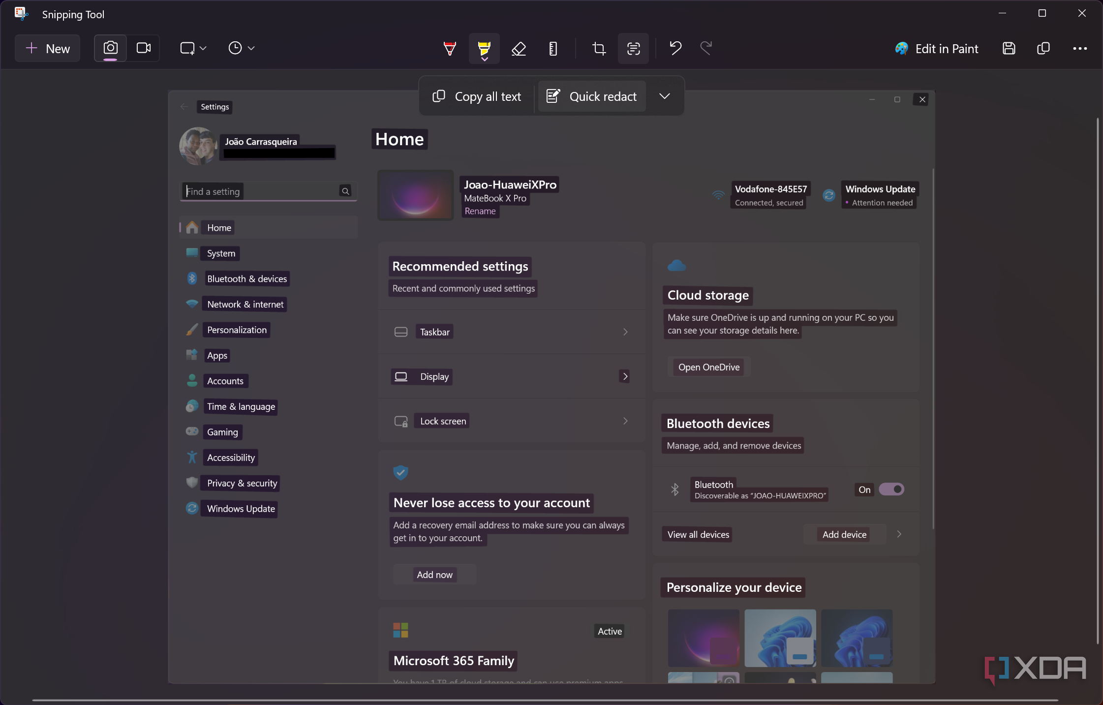 Screenshot of Snipping Tool with a screenshot of the Settings app where tect has been detected and the user's email is redacted in the top left corner