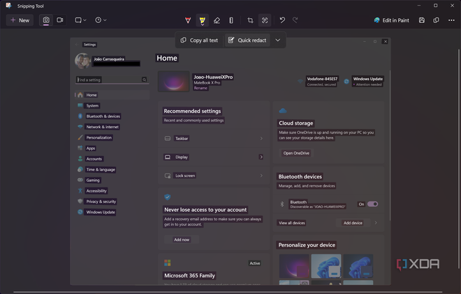 Screenshot of Snipping Tool with a screenshot of the Settings app where tect has been detected and the user's email is redacted in the top left corner
