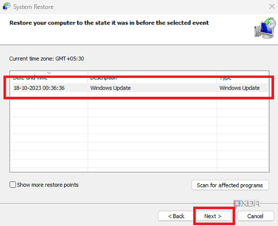 A screenshot showing the system Restore tool with a highlighted restore point in Windows.