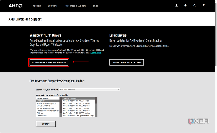 Screenshot of AMD's support website with the Download Windows Drivers button highlighted