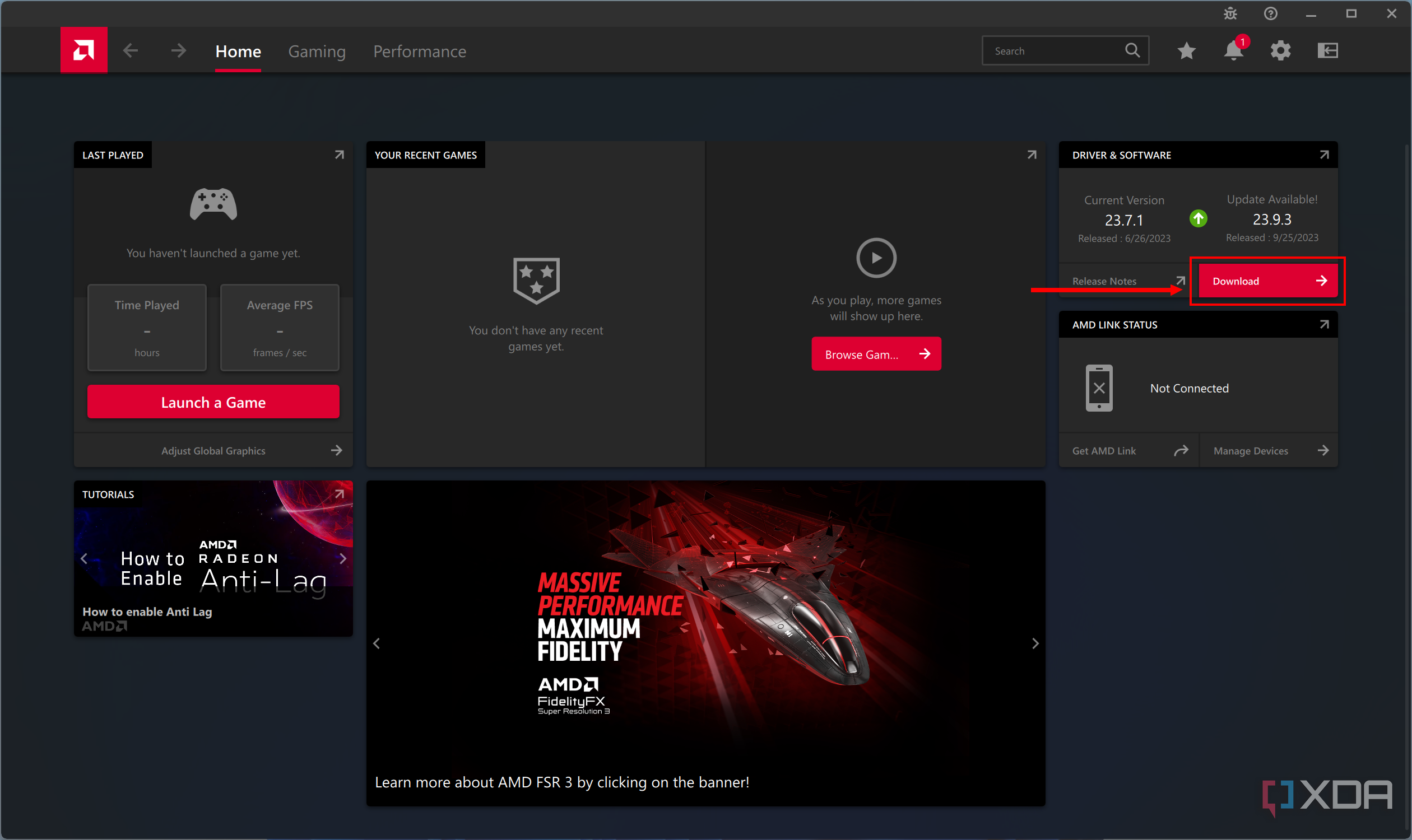 Screenshot of AMD Software Adrenalin Edition showing a download button for new graphics drivers