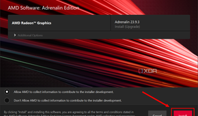Screenshot of the AMD Software installer showing new AMD Radeon drivers available. The Install button is highlighted
