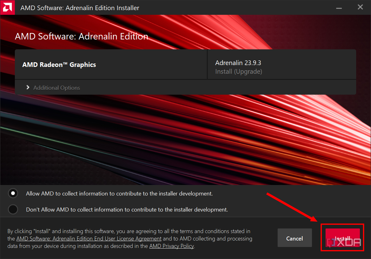Screenshot of the AMD Software installer showing new AMD Radeon drivers available. The Install button is highlighted