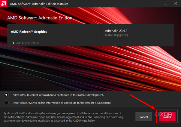 Screenshot of the AMD Software installer showing new AMD Radeon drivers available. The Install button is highlighted
