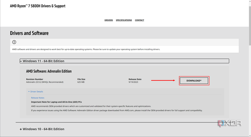 Screenshot of the AMD driver download website with the download button highlighted