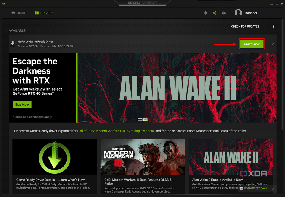 Screenshot of Nvidia GeForce Experience showing a new driver is available to download. The download button is highlighted.
