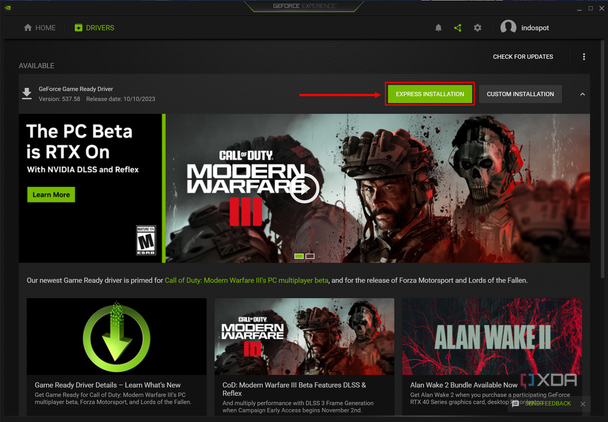 Screenshot of Nvidia GeForce Experience after download a driver. The Express installation button is highlighted