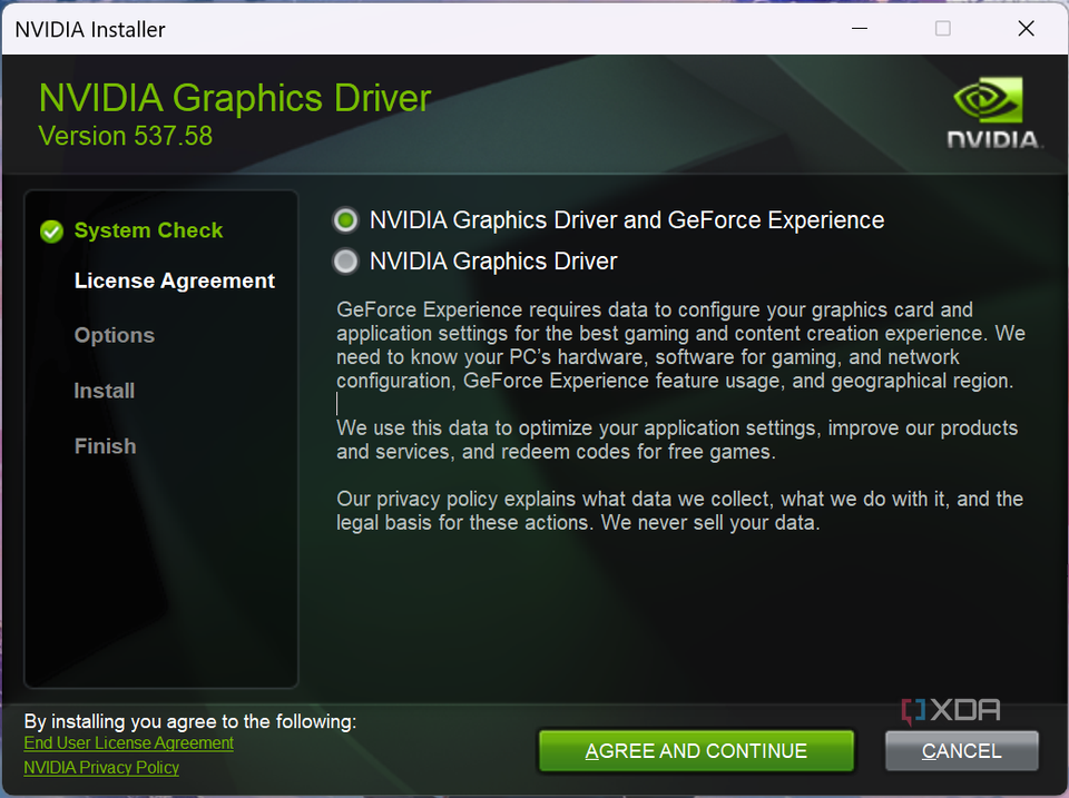 Screenshot of the Nvidia installer asking the user whether to install the Nvidia driver along or include GeForce Experience.