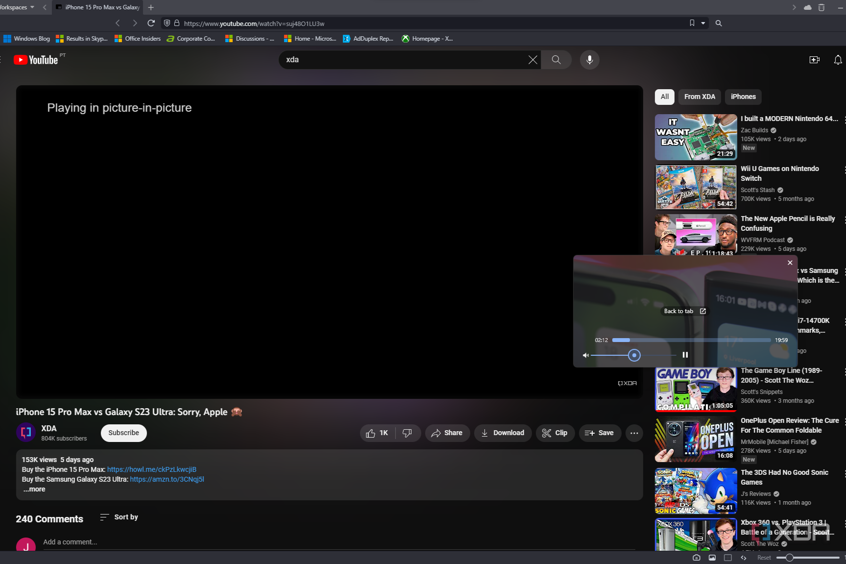Screenshot of Vvivaldi displaying a YouTube page with the video playing in a pop-out window, which has included volume controls