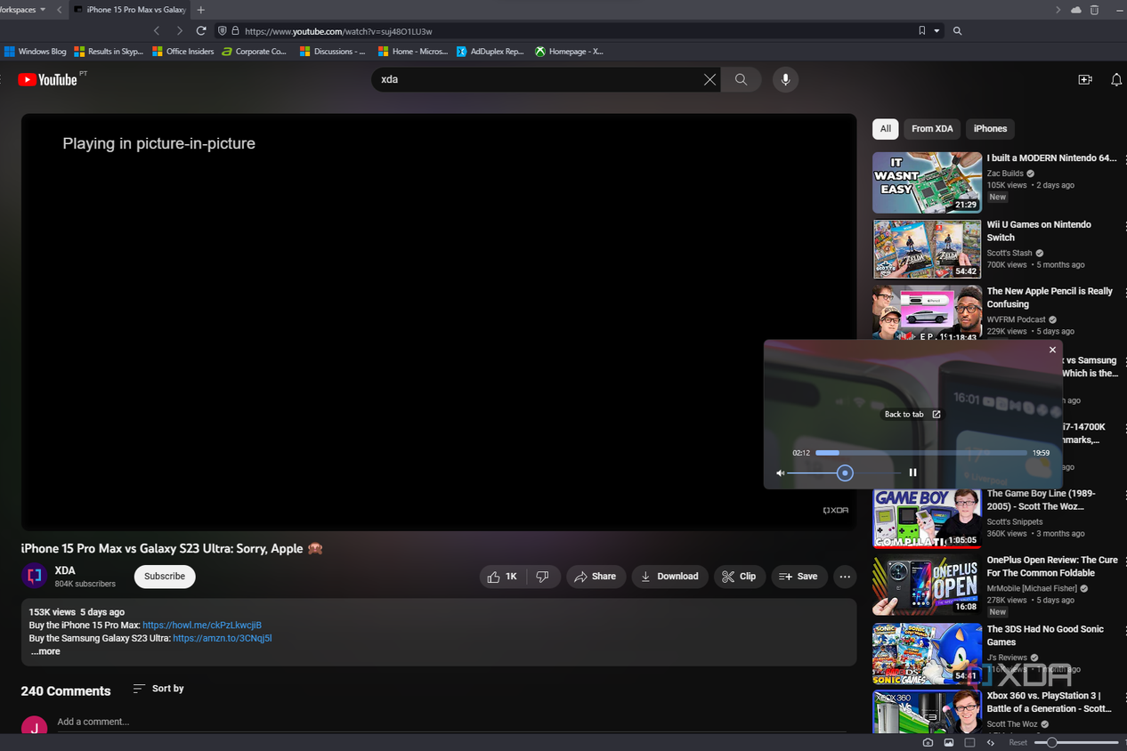 Screenshot of Vvivaldi displaying a YouTube page with the video playing in a pop-out window, which has included volume controls