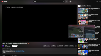 Screenshot of Vvivaldi displaying a YouTube page with the video playing in a pop-out window, which has included volume controls