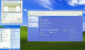 Screenshot of Windows XP with the Start menu, Control Panel, and personalization options open