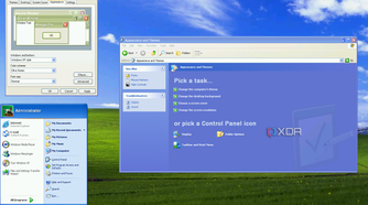 Screenshot of Windows XP with the Start menu, Control Panel, and personalization options open