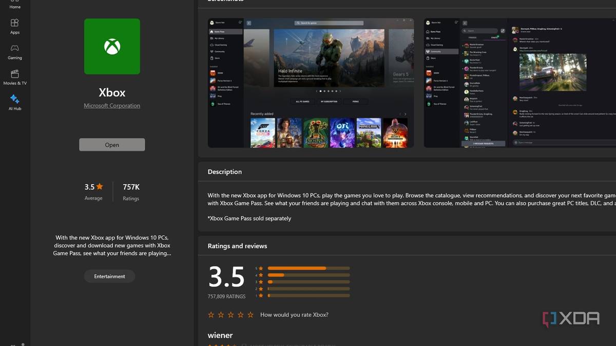 Windows screenshot that shows the Xbox app download page in the Microst Store
