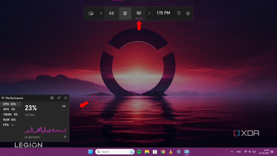 Xbox Game Bar overlay with performance tab on a Windows 11 desktop